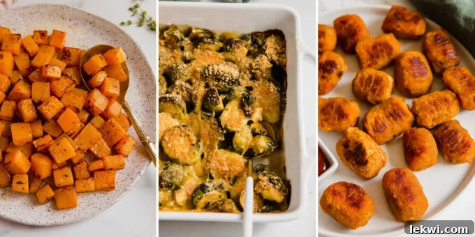 Collage of various healthy fall side dishes, including butternut squash and cornbread.