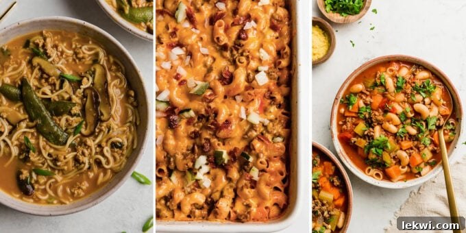 Collage of various healthy fall comfort foods, including soups and pasta dishes.