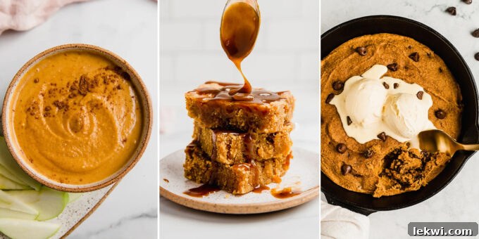 Collage of various healthy fall desserts, including cookie skillet, mocktail, and dip.