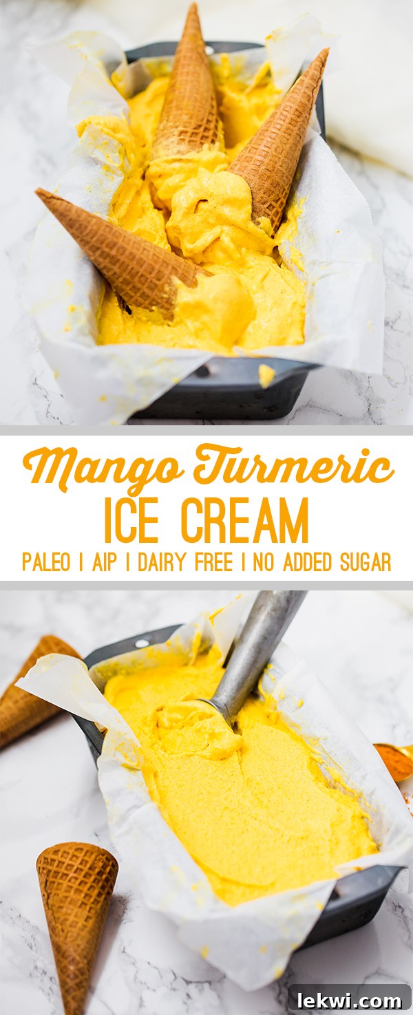 A loaf pan filled with mango turmeric ice cream and three cones on top of it next to text reading \"mango turmeric ice cream paleo AIP dairy-free no added sugar\"