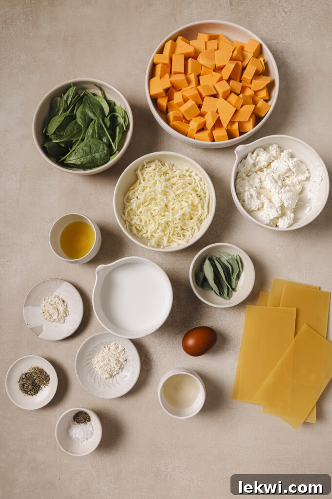 Butternut lasagna ingredients in separate bowls. 