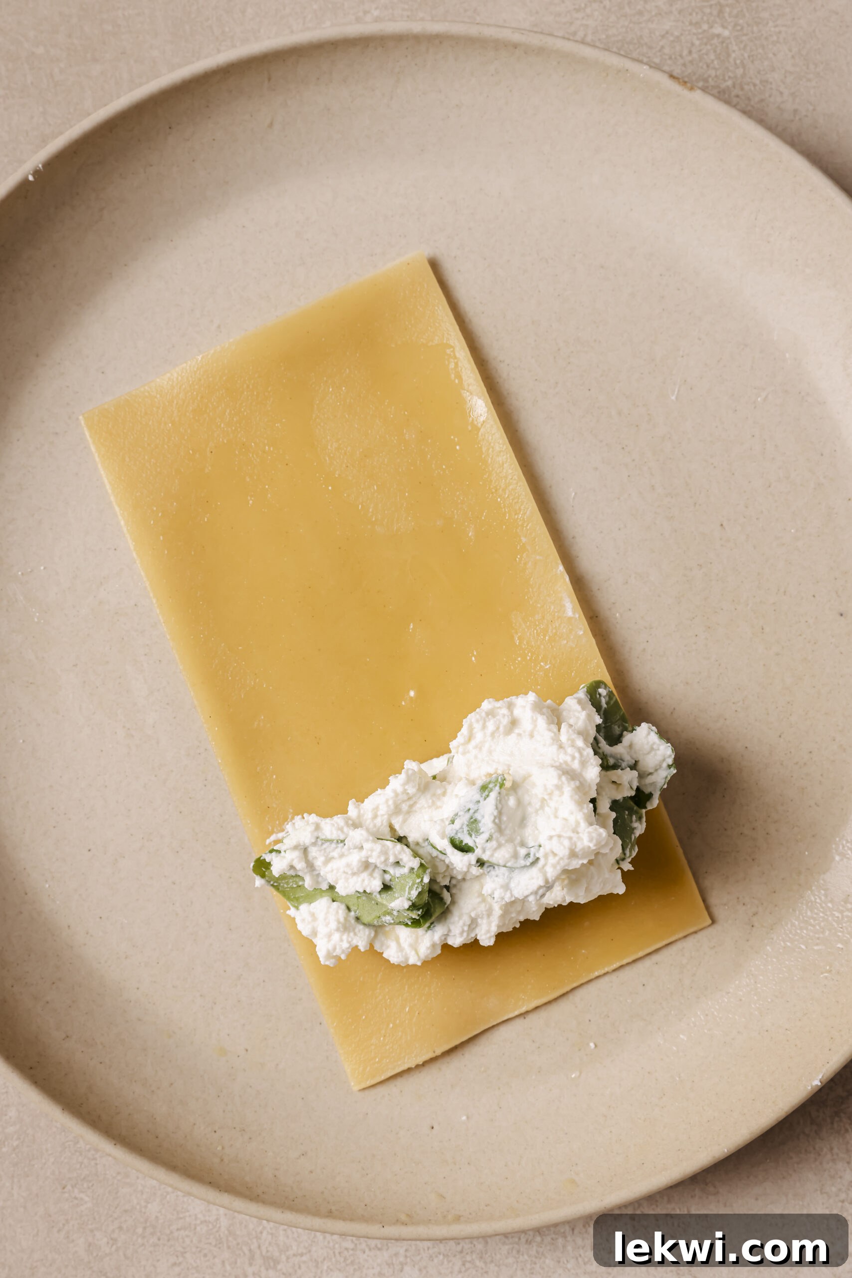 Lasagna sheet unrolled with ricotta filling.