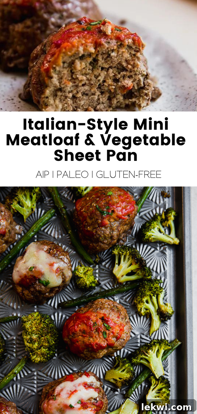 Collage with text "Italian-Style Mini Meatloaf & Vegetable Sheet Pan AIP | Paleo | Gluten-Free."