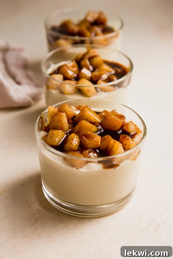 Caramel apple vanilla pudding in small glasses.