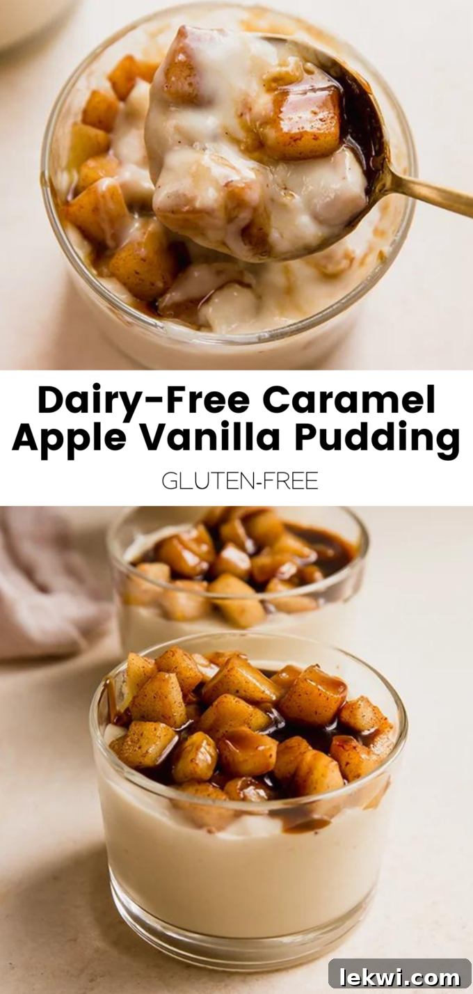 A collage image with the text "Dairy-Free Caramel Apple Vanilla Pudding Gluten-Free." prominently displayed, alongside a beautiful image of the pudding.