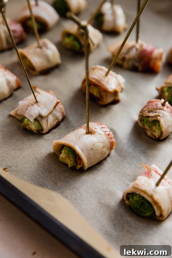 Bacon wrapped brussel sprouts ready to go into the oven.