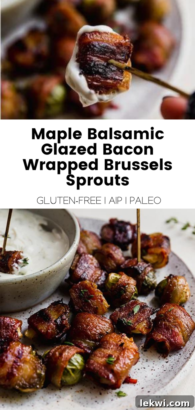 Collage with text "Maple Balsamic Glazed Bacon Wrapped Brussels Sprouts Gluten-Free | AIP | Paleo."