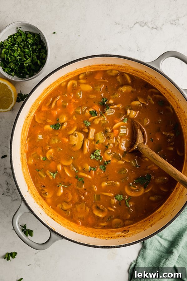 Hungarian mushroom soup in a pot with a wooden spoon.