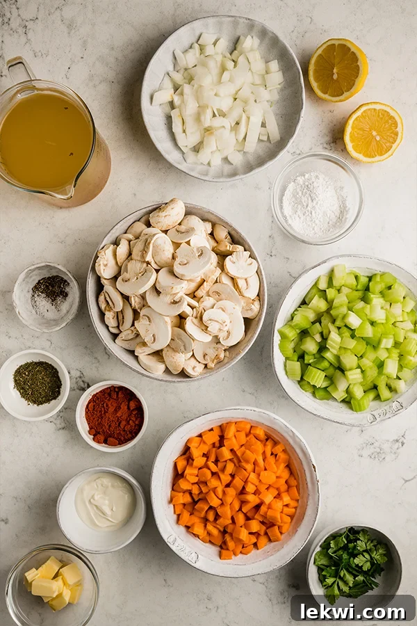hungarian mushroom soup ingredients in bowls 