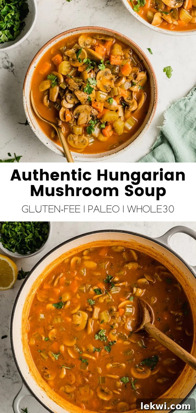 Collage with text "Authentic Hungarian Mushroom Soup Gluten-Free | Paleo | Whole30."
