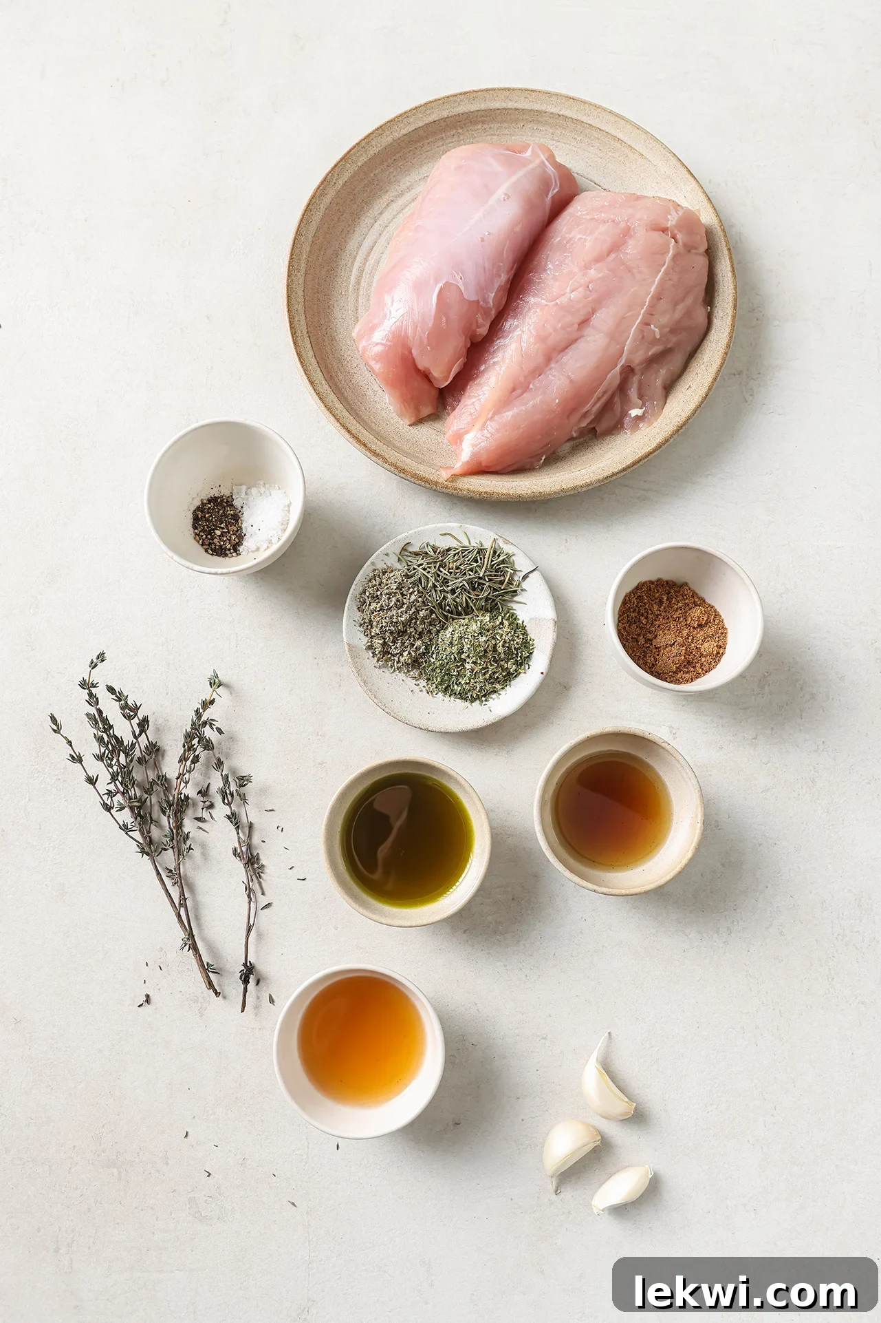 Various ingredients for turkey tenderloin, including herbs, spices, and liquids, arranged in small bowls.