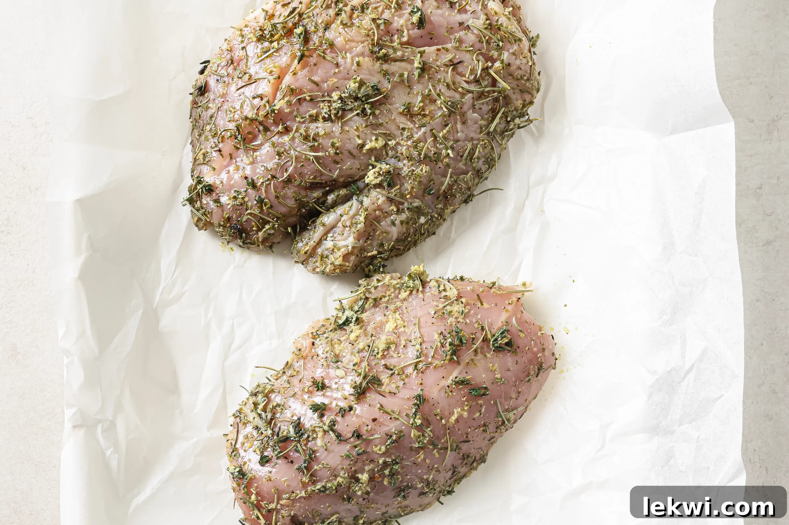 Two turkey tenderloins coated in seasonings, ready for baking on a sheet pan.