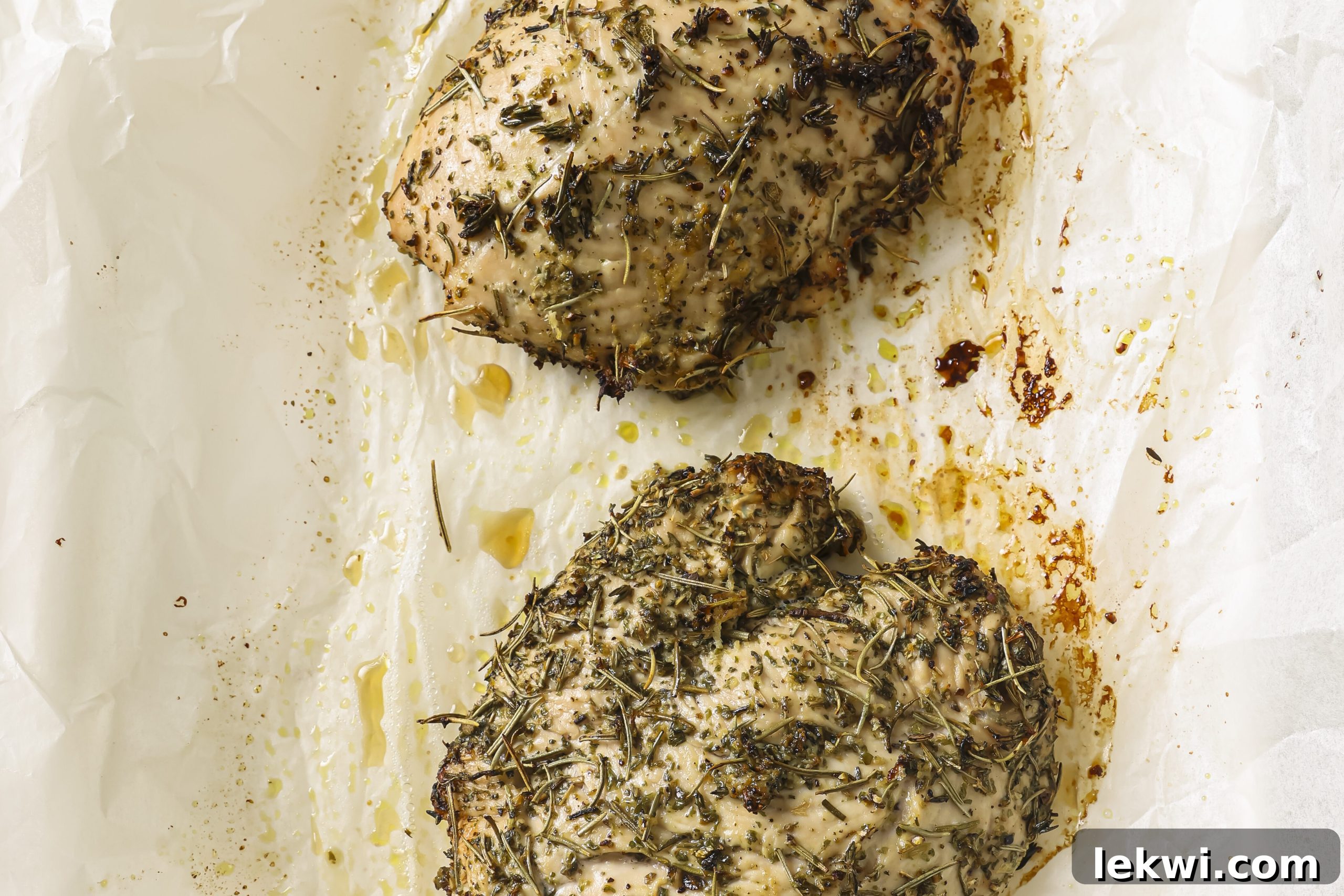 Seasoned turkey tenderloin baking on parchment paper, showing a slightly browned crust.