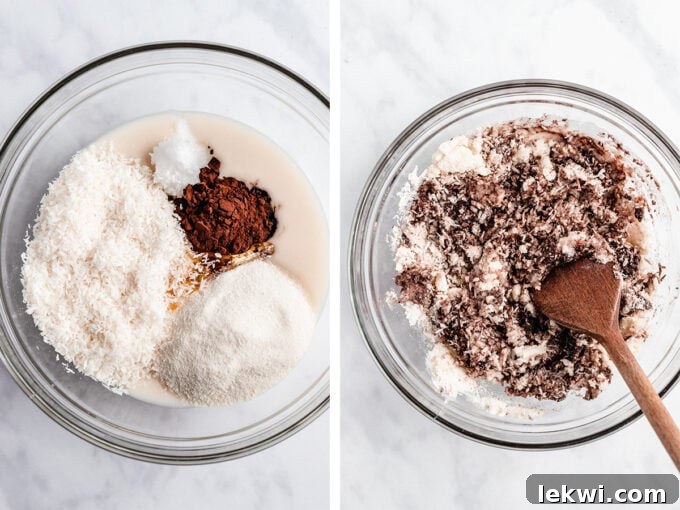 Two bowls side-by-side on a white surface, one containing individual ingredients before mixing, and the other showing the fully combined, ready-to-roll mixture for chocolate collagen protein bites.