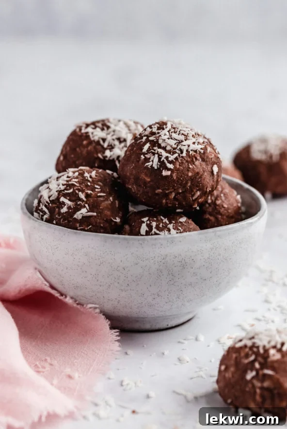 A white bowl filled with chocolate collagen protein bowls with coconut on top.
