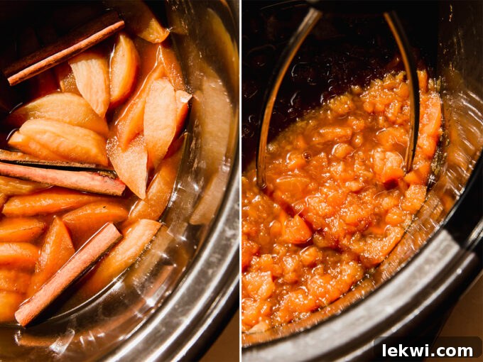 Side by side photo showing tender, cooked apples in a slow cooker and apples being mashed with a potato masher.
