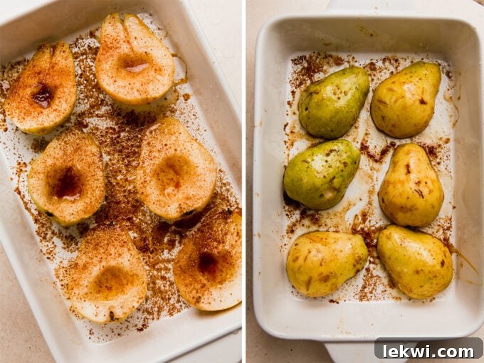 Halved pears, seasoned and arranged cut-side down in a baking dish, ready for the oven.