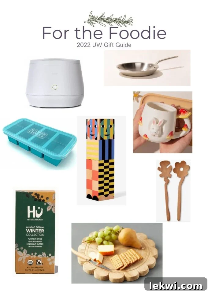 Collage featuring various kitchen items and gourmet treats with text "Gifts for the Foodie: 2022 Unbound Wellness Holiday Guide."