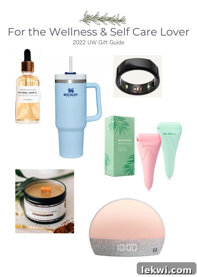 Collage depicting items like hair oil, water bottle, smart ring, and candles with text "For the Wellness & Self-Care Lover: 2022 UW Gift Guide."