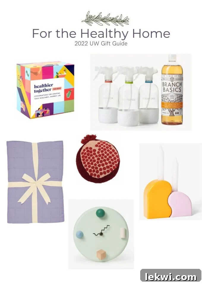Collage of healthy home gifts including a conversation deck, blanket, cleaning supplies, and decorative pillows with text "For the Healthy Home: 2022 UW Gift Guide."