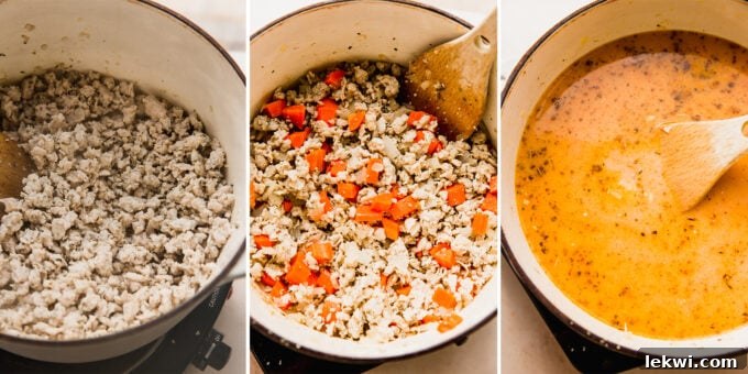 Three step-by-step photos of creamy sausage ravioli soup being cooked in a pot.