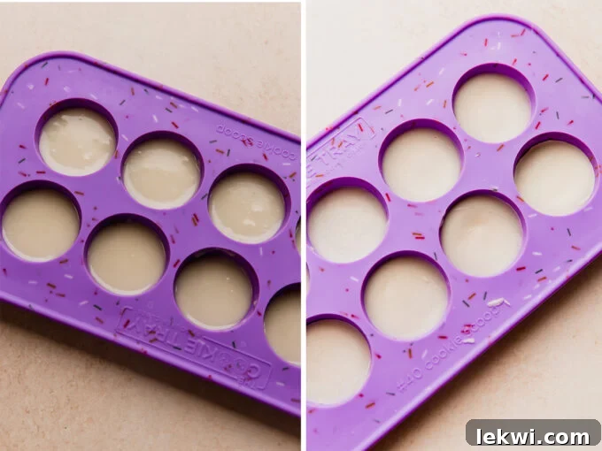 Peppermint filling in round molds.