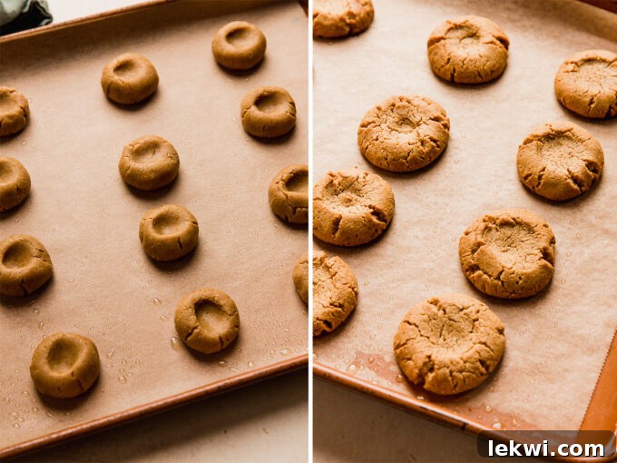Almond butter blossom cookies before and after baking, showing the golden brown result.