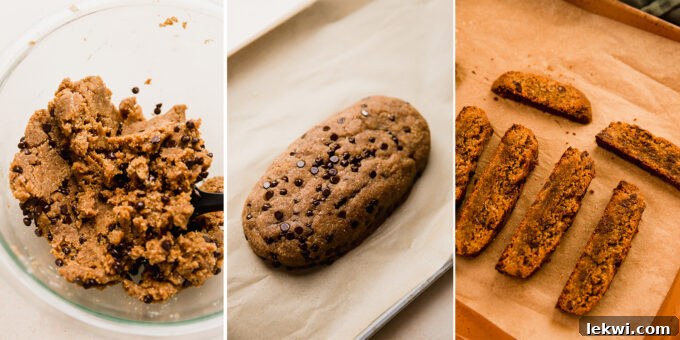 Step-by-step visuals showing the dough being formed, baked, and then sliced into individual chocolate chip biscotti.