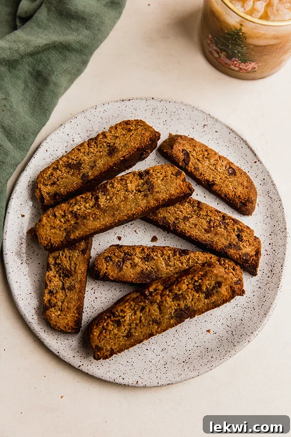 Gluten-free chocolate chip biscotti on a plate.