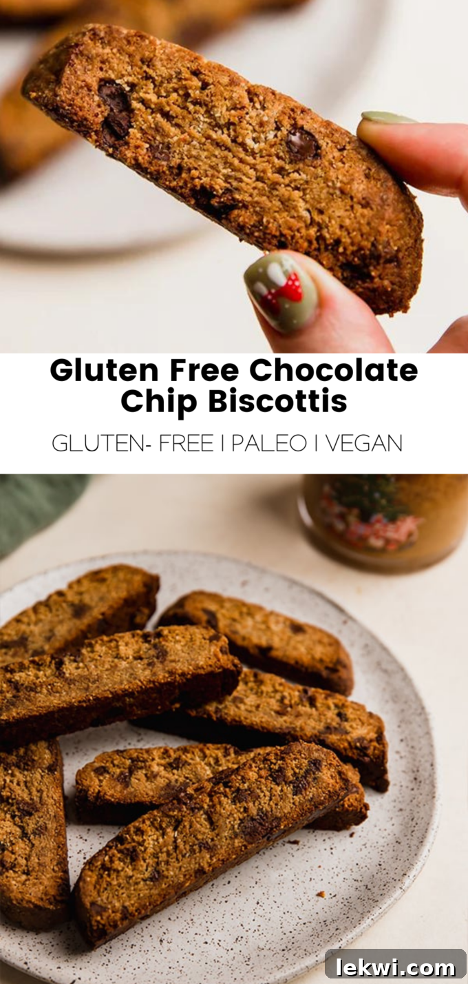 Collage featuring the text "Gluten Free Chocolate Chip Biscottis Gluten-Free | Paleo | Vegan." alongside appetizing images of the biscotti.