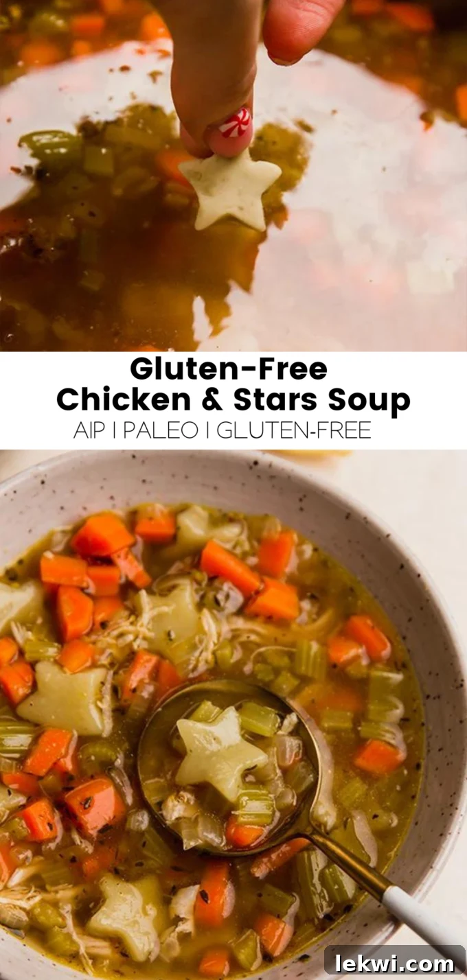Collage with text \"Gluten-Free Chicken & Stars Soup AIP | Paleo | Gluten-Free.\"