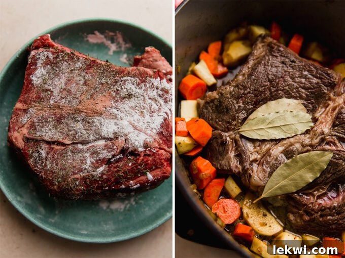 Two images side-by-side showing the chuck roast before and after baking, highlighting the transformation to tender perfection.