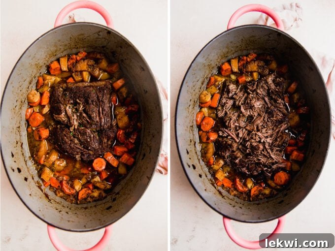 The oven-baked chuck roast in a Dutch oven, shown before and after cooking, demonstrating its hearty transformation.