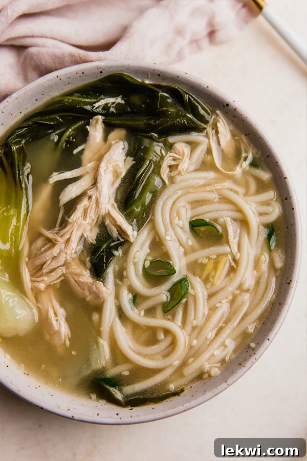 A steaming bowl of Bok Choy Noodle Soup, showcasing the noodles, chicken, and vibrant green bok choy.