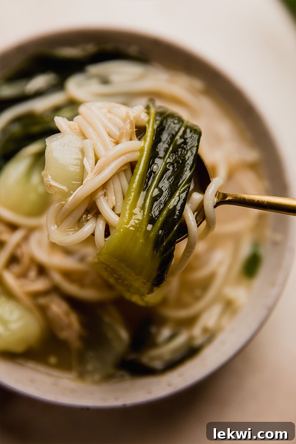 A close-up shot of a spoon scooping a bite of Bok Choy Noodle Soup, showing the noodles, bok choy, and chicken.