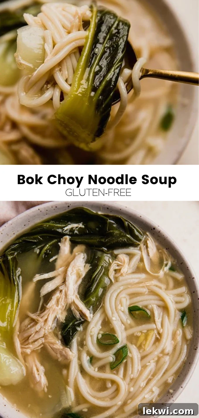 Collage with text "Bok Choy Noodle Soup Gluten-Free" over a vibrant image of the soup.