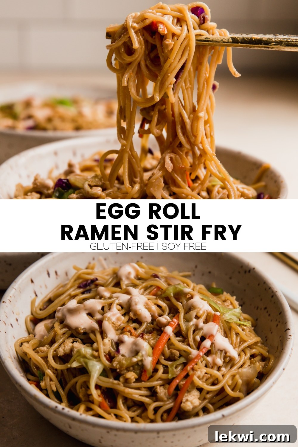 Collage with text "Egg Roll Ramen Stir Fry Gluten-Free | Soy-Free." Featuring appetizing images of the dish.