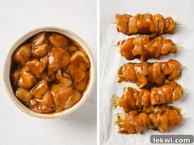 The teriyaki chicken marinating and on the skewers