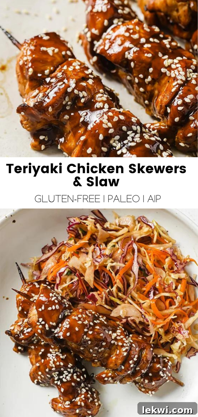 Collage with text "Teriyaki Chicken Skewers & Slaw Gluten-Free | Paleo | AIP."