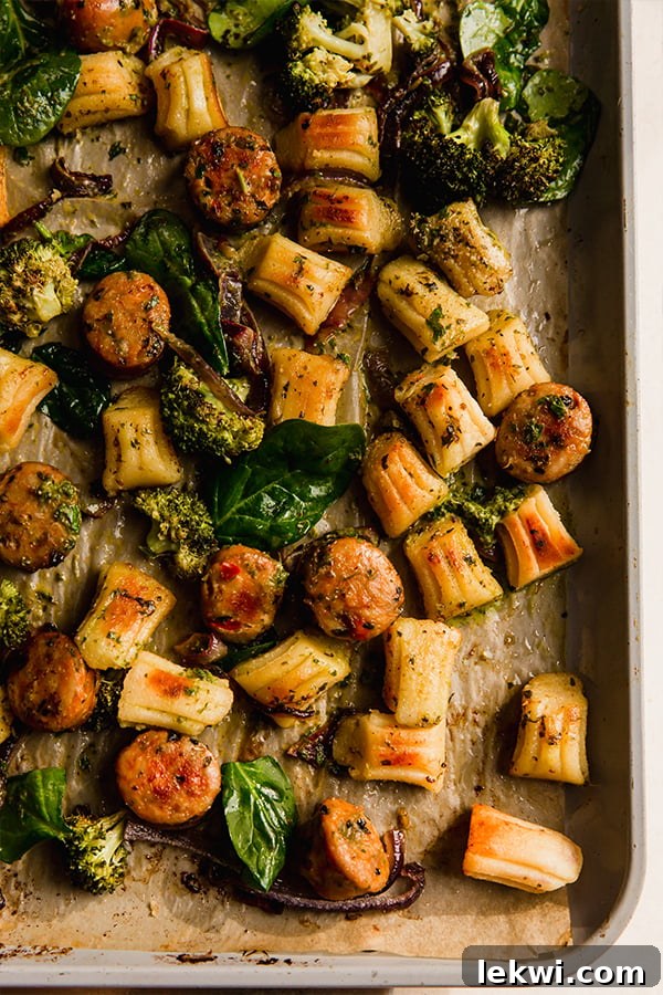 The gnocchi & sausage sheet pan after baking, perfectly golden and ready to serve.