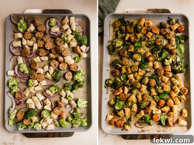 The gnocchi & sausage sheet pan before and after baking, showcasing the transformation.