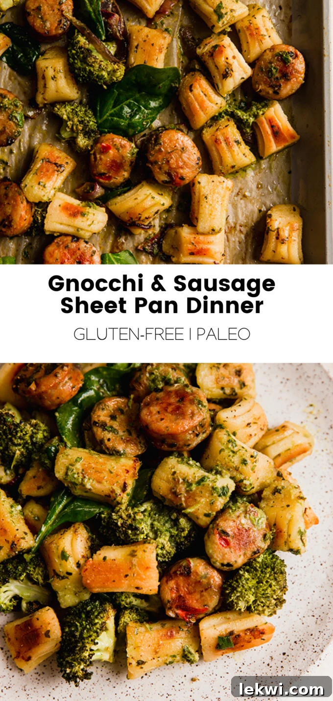 Collage with text "Gnocchi & Sausage Sheet Pan Dinner Gluten-Free | Paleo.", highlighting key dietary benefits.