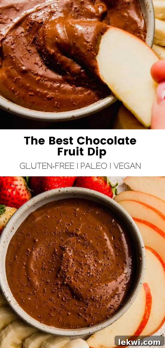 Collage with text "The Best Chocolate Fruit Dip Gluten-Free | Paleo | Vegan." highlighting the versatility and health benefits of the dip.