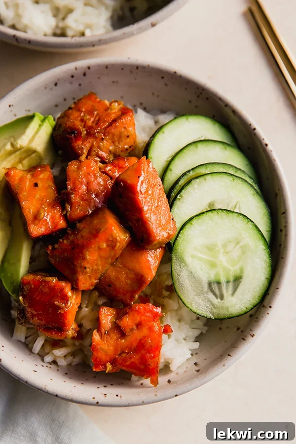 Garlic ginger salmon bowl with vegetables.