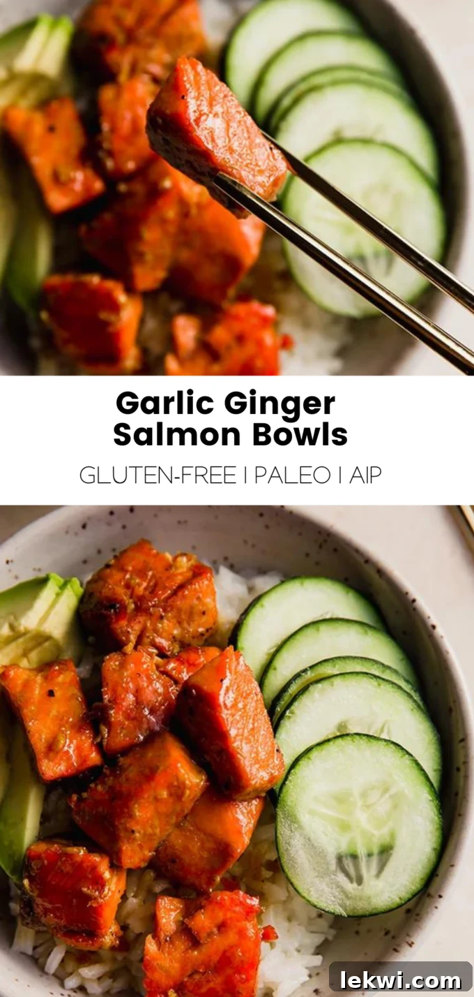 Collage with text "Garlic Ginger Salmon Bowls Gluten-Free | Paleo | AIP."