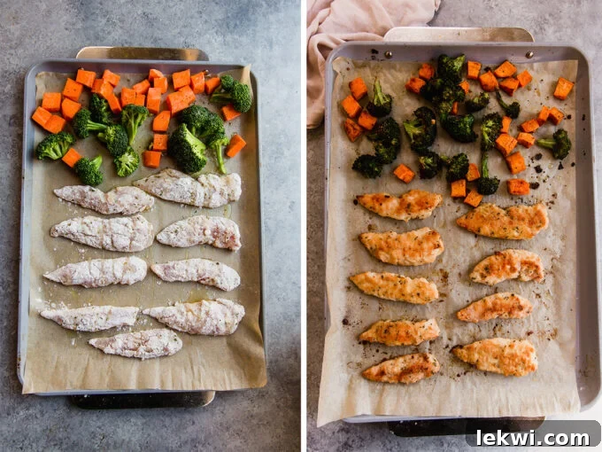 A sheet pan with raw, coated chicken tenders and seasoned vegetables before baking, alongside the same pan with golden-brown, cooked chicken and tender, roasted vegetables.