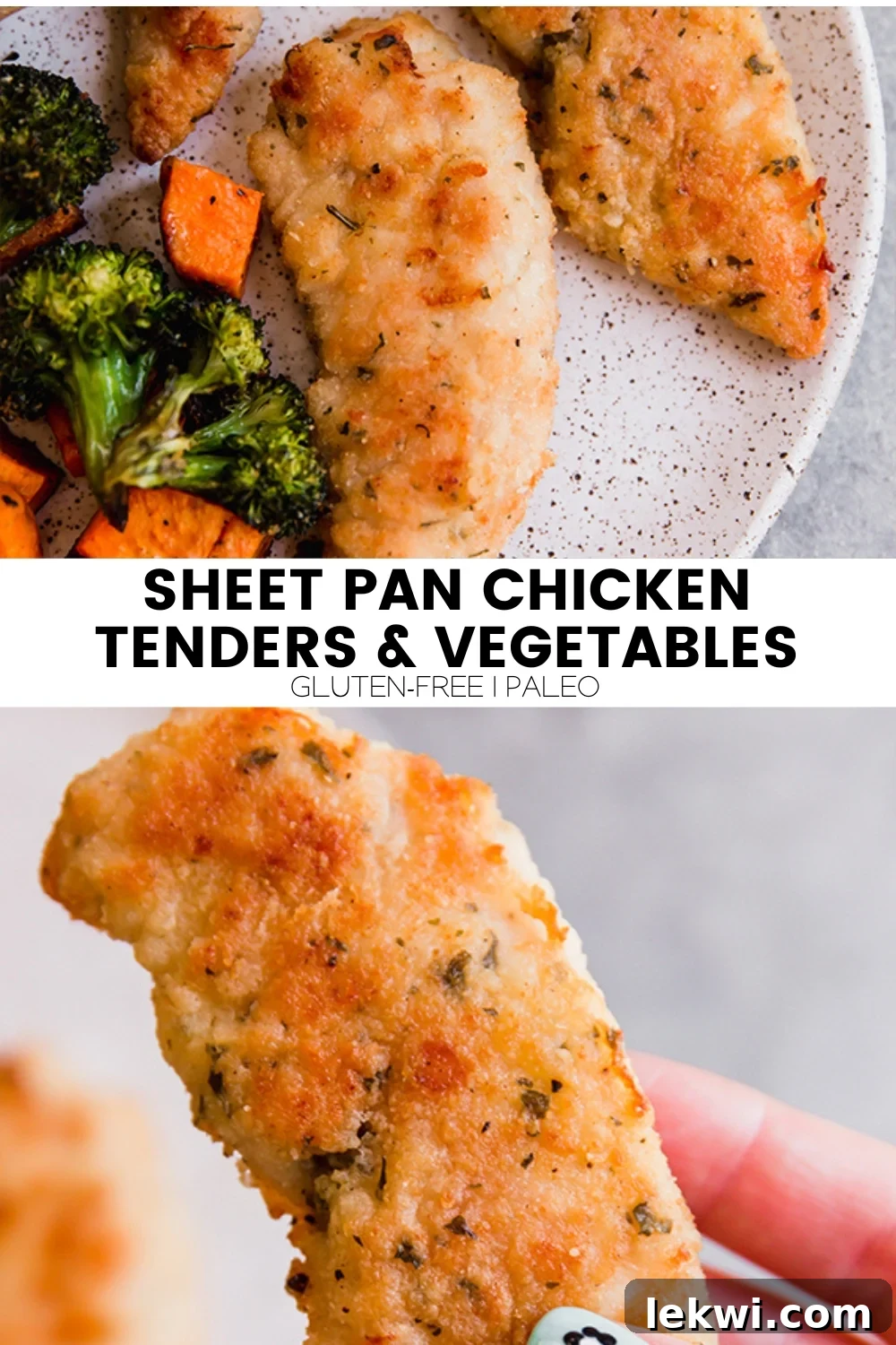 Collage with text "Sheet Pan Chicken Tenders & Vegetables Gluten-Free | Paleo."
