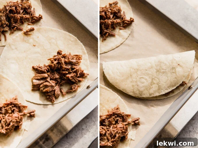 A two-part image showing shredded beef tacos on a baking sheet, illustrating them before and after being folded for baking.