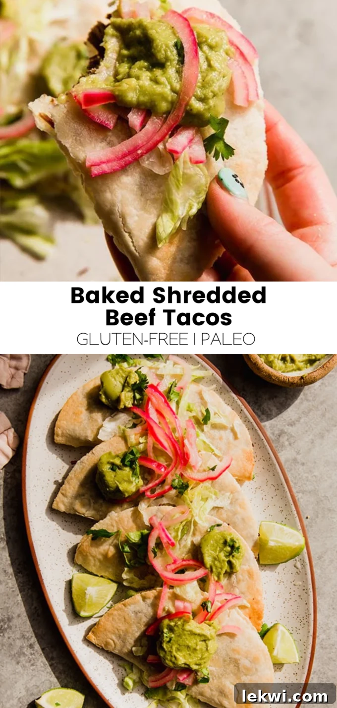 A visual collage with text that reads: "Baked Shredded Beef Tacos Gluten-Free | Paleo," showcasing the delicious recipe.