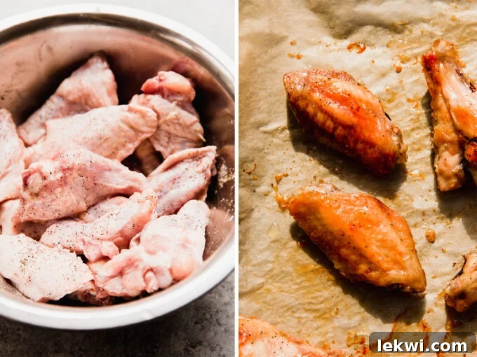 A two-part image showing raw chicken wings in a bowl and then baked wings after being coated in sauce.